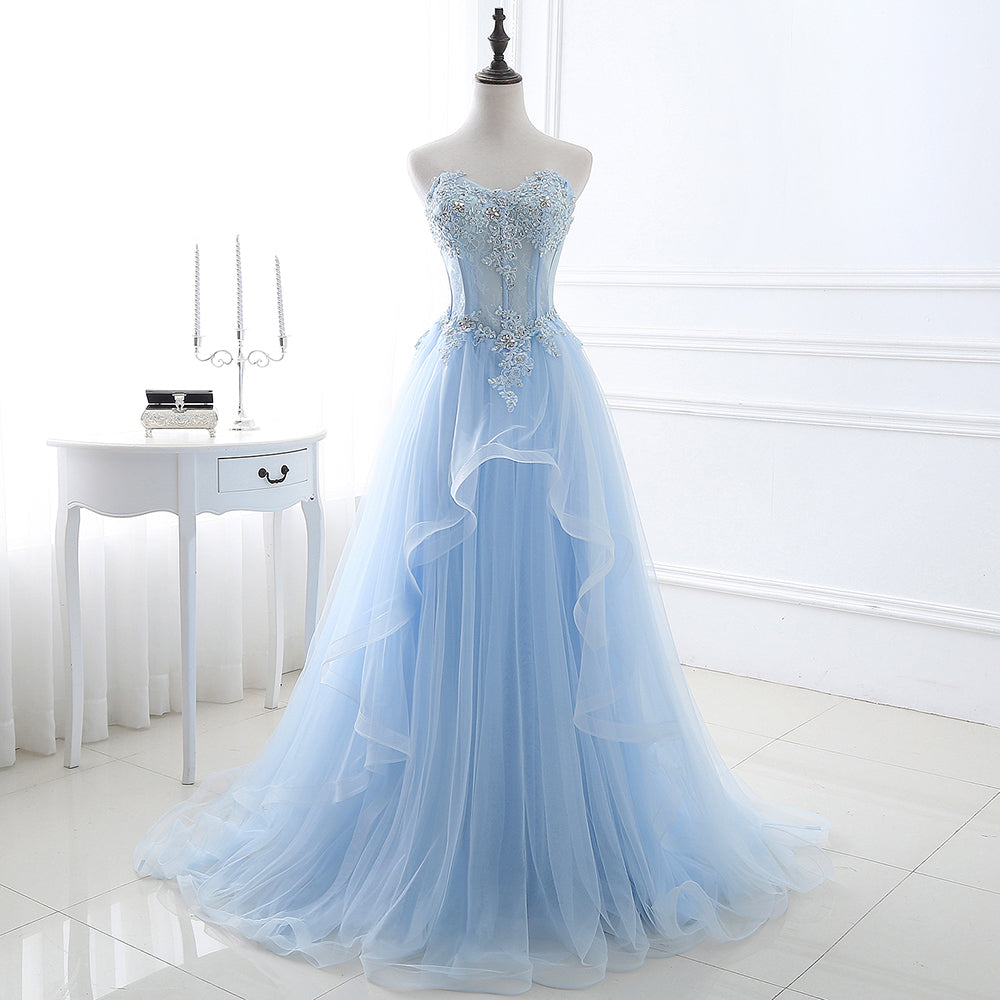 Ball Gown Sweetheart Tulle Sky Blue Prom Dress with Sequins