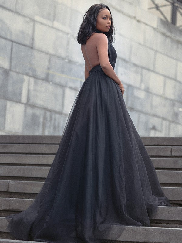 Vestido de fiesta de tul con volantes, escote en V, sin mangas, cola de corte