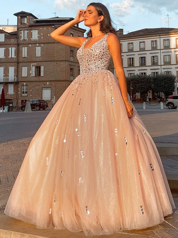 Vestido de fiesta de tul con escote en V, cuentas, sin mangas y largo hasta el suelo