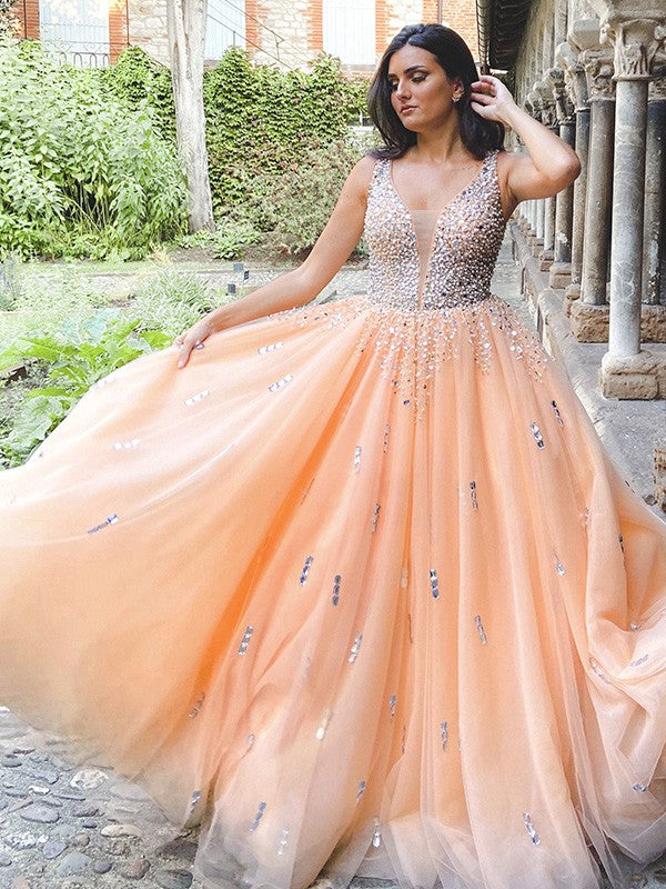 Vestido de fiesta de tul con escote en V, cuentas, sin mangas y largo hasta el suelo