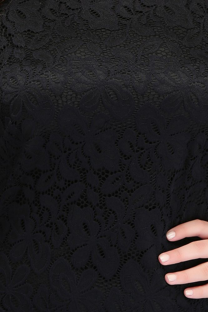 Bateau Tea Length Mermaid Plus size Lace Black Evening Dresses with sleeves