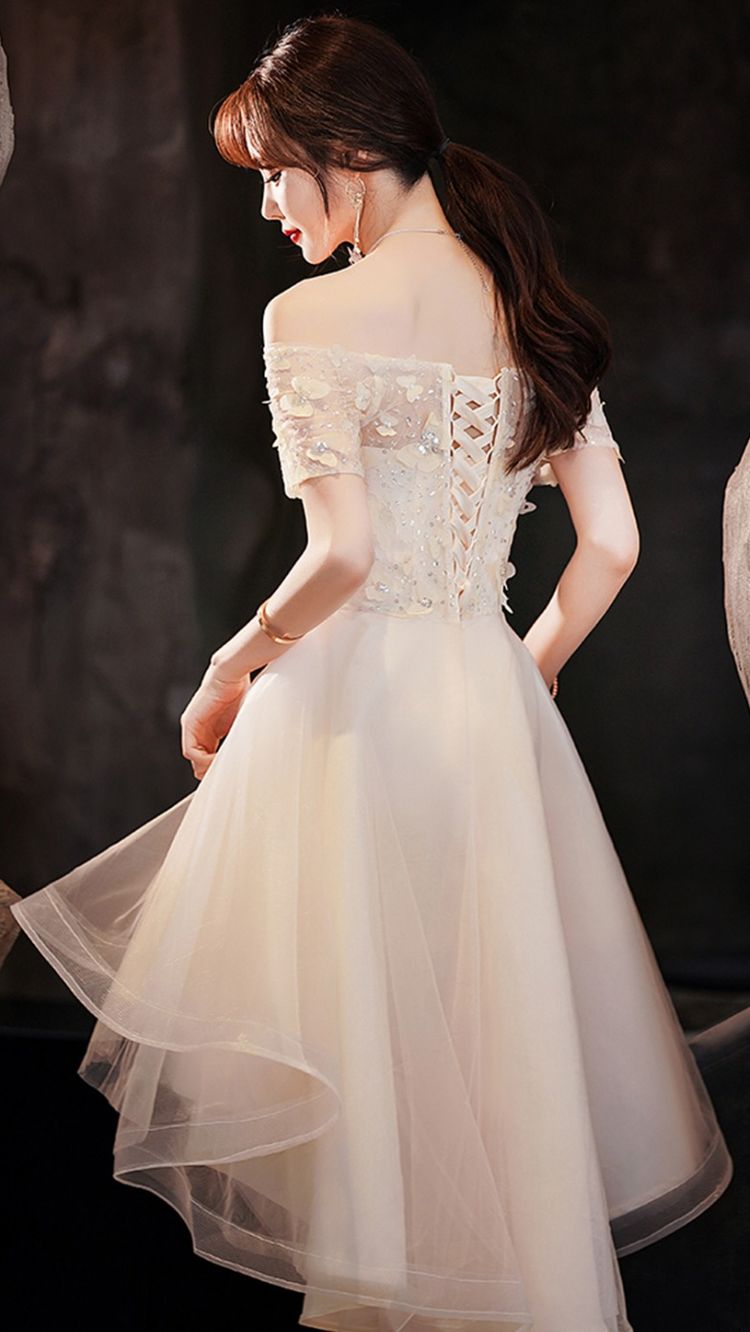 Champagner Tüll High Low Ballkleid Champagner Abendkleid Y983