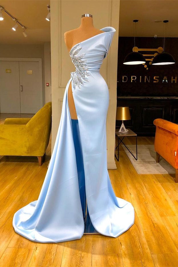 Himmelblaues langes Meerjungfrau-Abendkleid mit einer Schulter, ärmellos, Schlitz vorne und Perlen