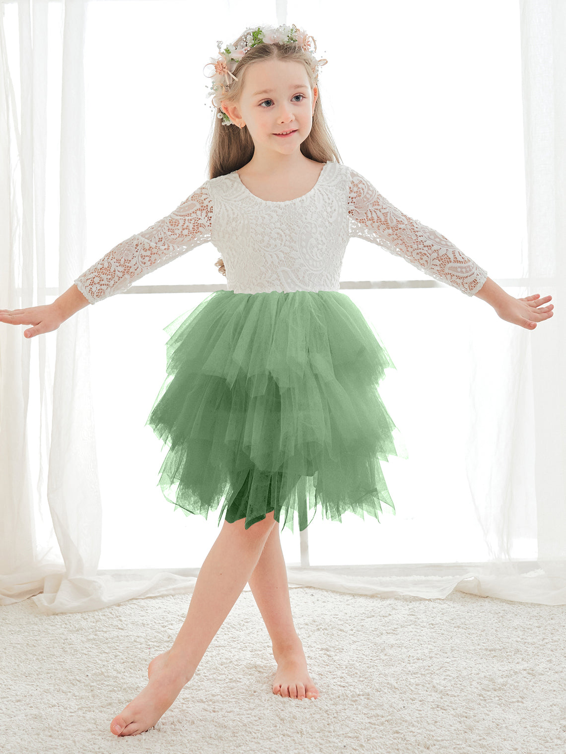 Vestido blanco de tul con encaje hasta la rodilla (2003227580)