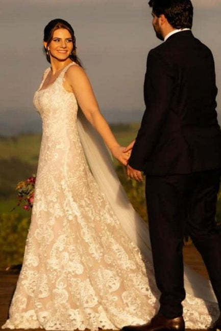 Beautiful A-Line Lace Square Sleeveless Ivory Long Wedding Dress With Appliques