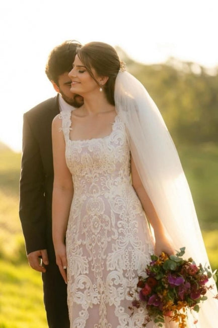 Beautiful A-Line Lace Square Sleeveless Ivory Long Wedding Dress With Appliques