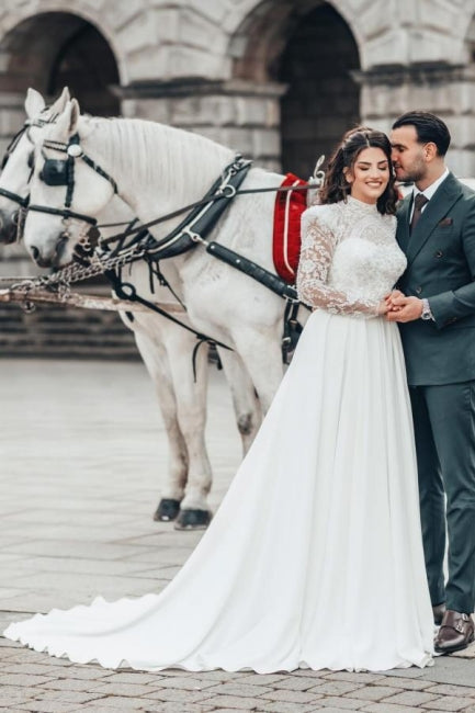 Wunderschönes A-Linien-Brautkleid aus Chiffon mit hohem Halsausschnitt und langen Ärmeln