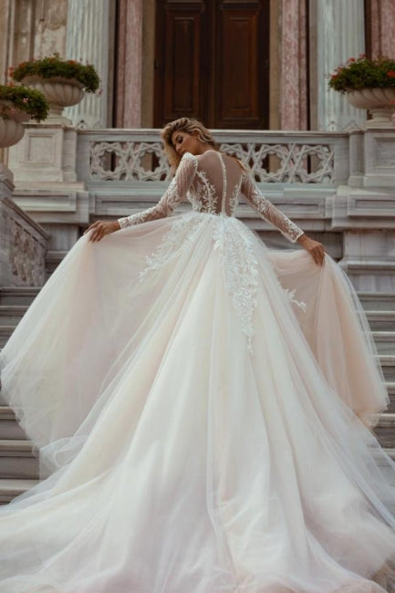 Wunderschönes A-Linien-Brautkleid im Meerjungfrau-Stil mit V-Ausschnitt und langen Ärmeln und abnehmbarer Schleppe