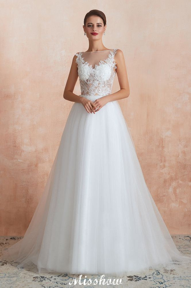 Wunderschönes weißes Brautkleid mit Bateau-Ausschnitt und glitzernden Pailletten