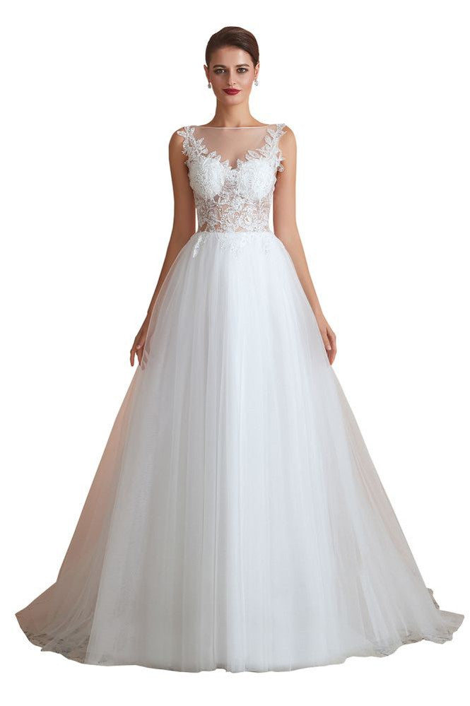 Wunderschönes weißes Brautkleid mit Bateau-Ausschnitt und glitzernden Pailletten