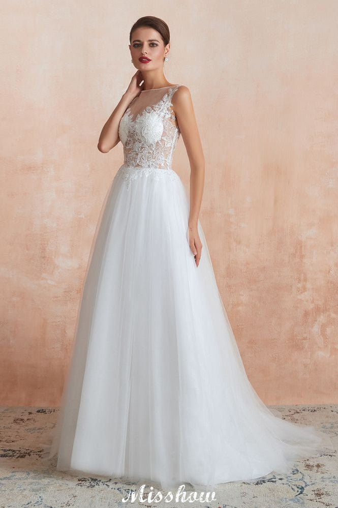 Wunderschönes weißes Brautkleid mit Bateau-Ausschnitt und glitzernden Pailletten