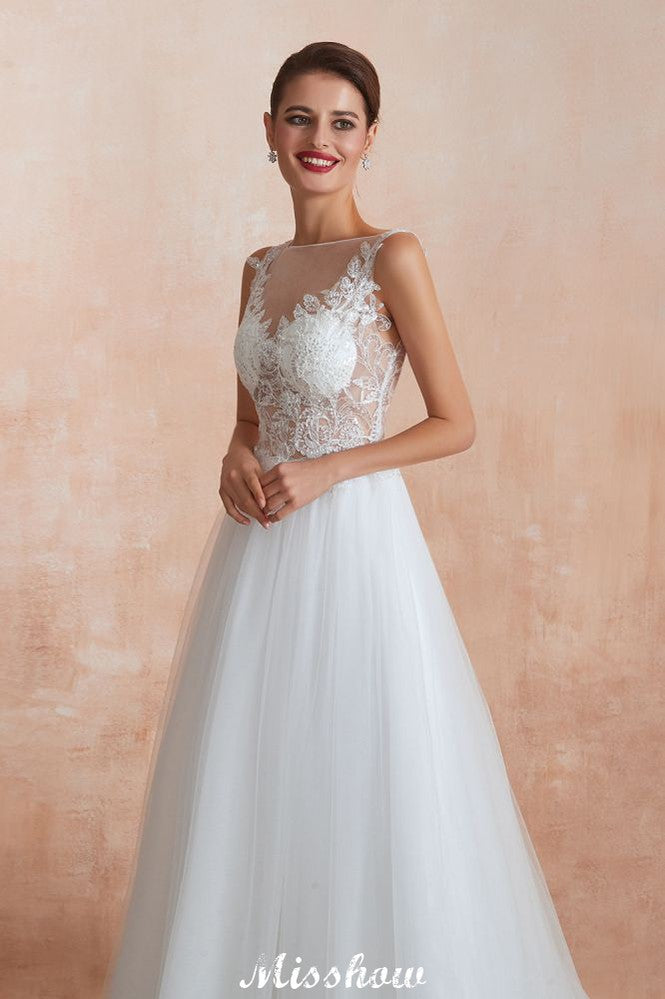 Wunderschönes weißes Brautkleid mit Bateau-Ausschnitt und glitzernden Pailletten