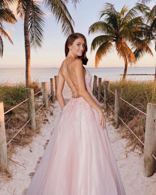 Wunderschönes Abendkleid lang rosa Ballkleider mit Spitze