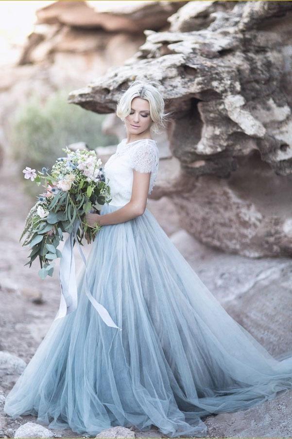 Hermoso vestido de fiesta de encaje con mangas cortas y corte A para novia WD409