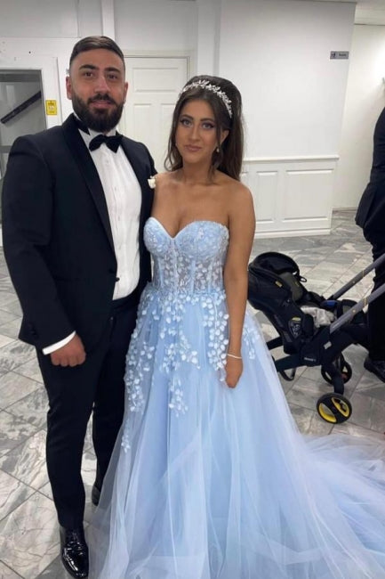 Beautiful Long Blue A-line Appliques Sleeveless Evening Dresses With Lace