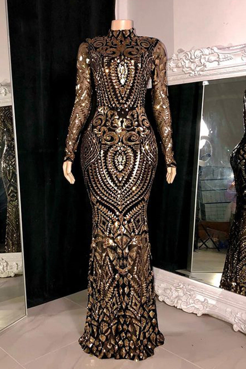 Hermoso vestido de fiesta largo de sirena con cuello alto y encaje y mangas largas