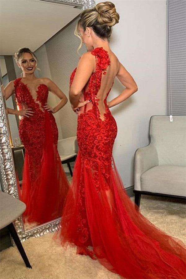 Hermoso vestido de fiesta largo de sirena con un solo hombro, de encaje rojo, sin espalda