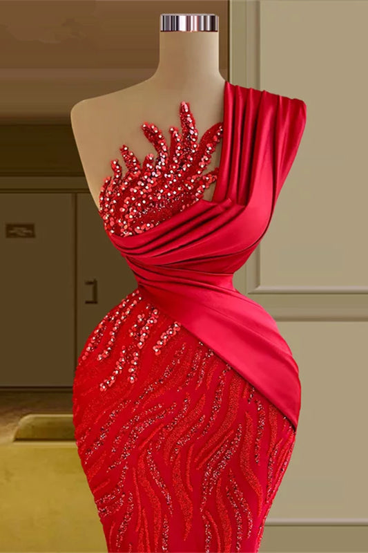Hermoso vestido de fiesta largo rojo de sirena con un solo hombro, encaje con lentejuelas y sin mangas
