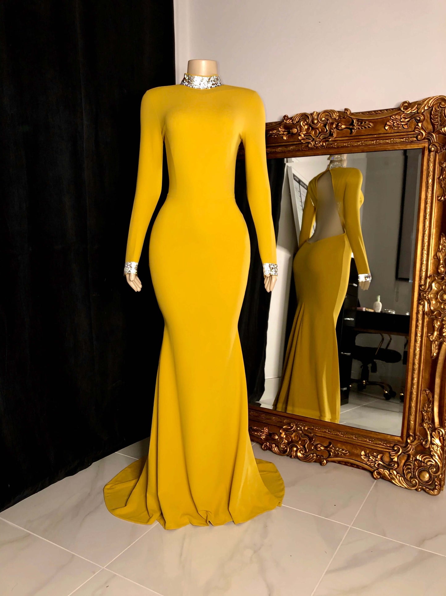 Beautiful Long Sleeves Backless High Neck Mermaid Prom Dress