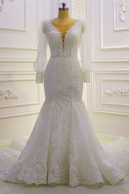 Wunderschönes Meerjungfrau-Brautkleid mit langen Ärmeln und Spitzenapplikationen und Schleppe
