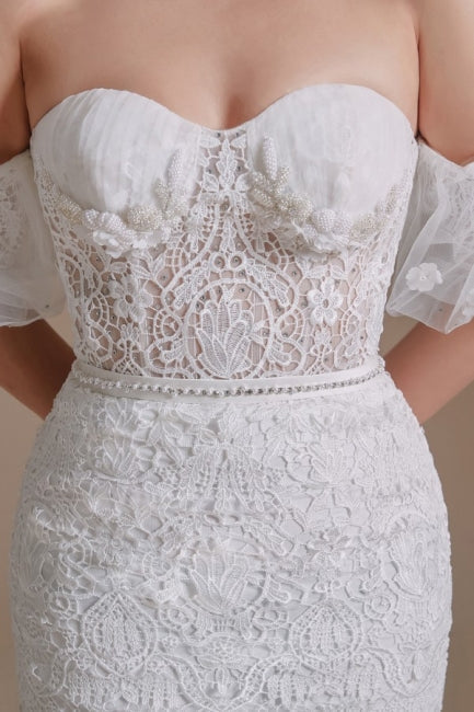 Wunderschönes schulterfreies, ärmelloses Meerjungfrau-Brautkleid in Bodenlänge mit Spitze und Applikation