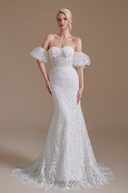 Wunderschönes schulterfreies, ärmelloses Meerjungfrau-Brautkleid in Bodenlänge mit Spitze und Applikation
