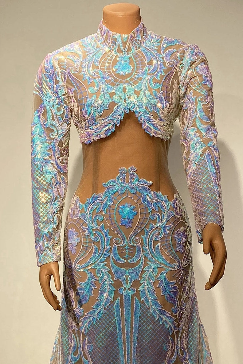 Hermosos vestidos de fiesta de dos piezas con cuello alto, manga larga y corte A hasta el suelo