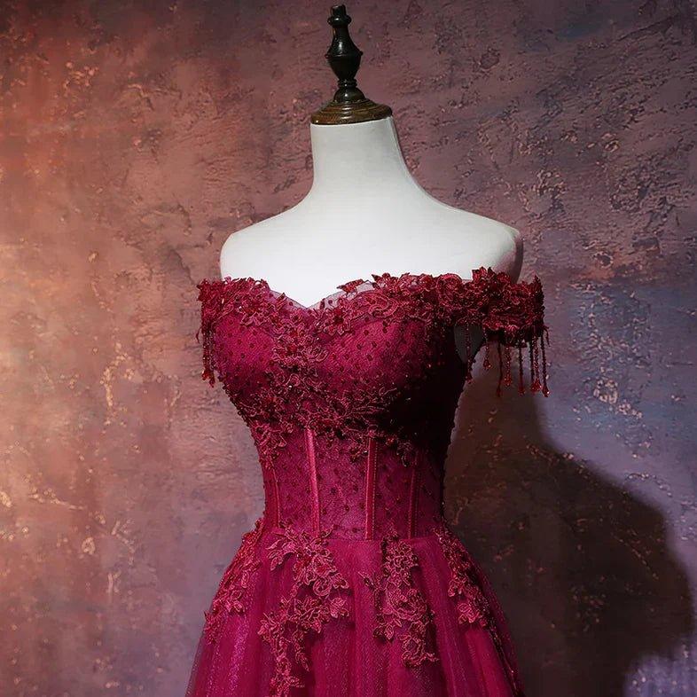 NumberSea - Beautiful Wine Red Tulle Sweetheart Long Prom Dress, A - line Party Dress