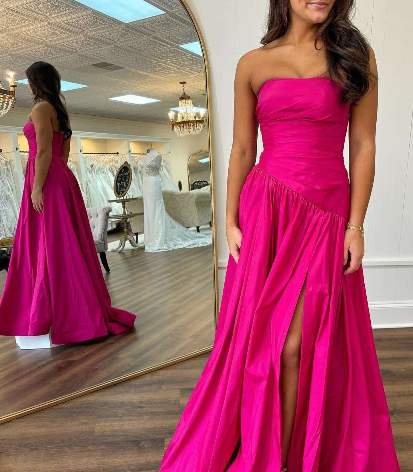 Beth | Vestido formal largo de tafetán fucsia sin tirantes y corte A