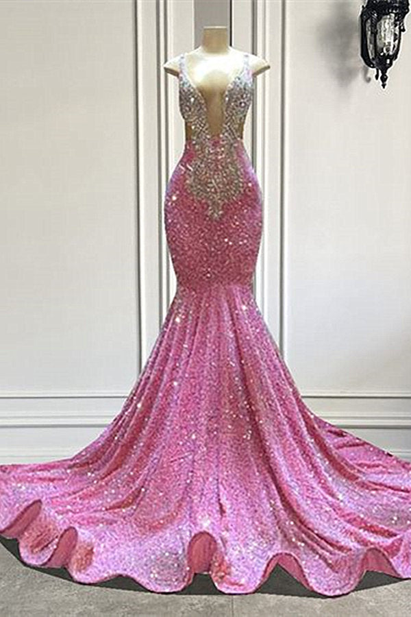 Biztunnel Schickes langes Meerjungfrauen-Ballkleid mit Pailletten, ärmellos, Trägern und Perlen