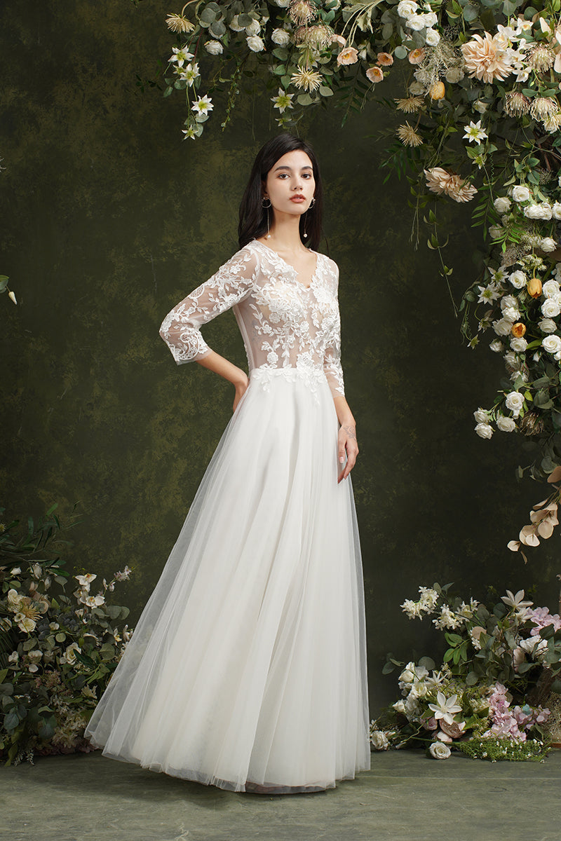 Biztunnel Langes A-Linien-Brautkleid mit Herzausschnitt und Chiffonspitze und Ärmeln