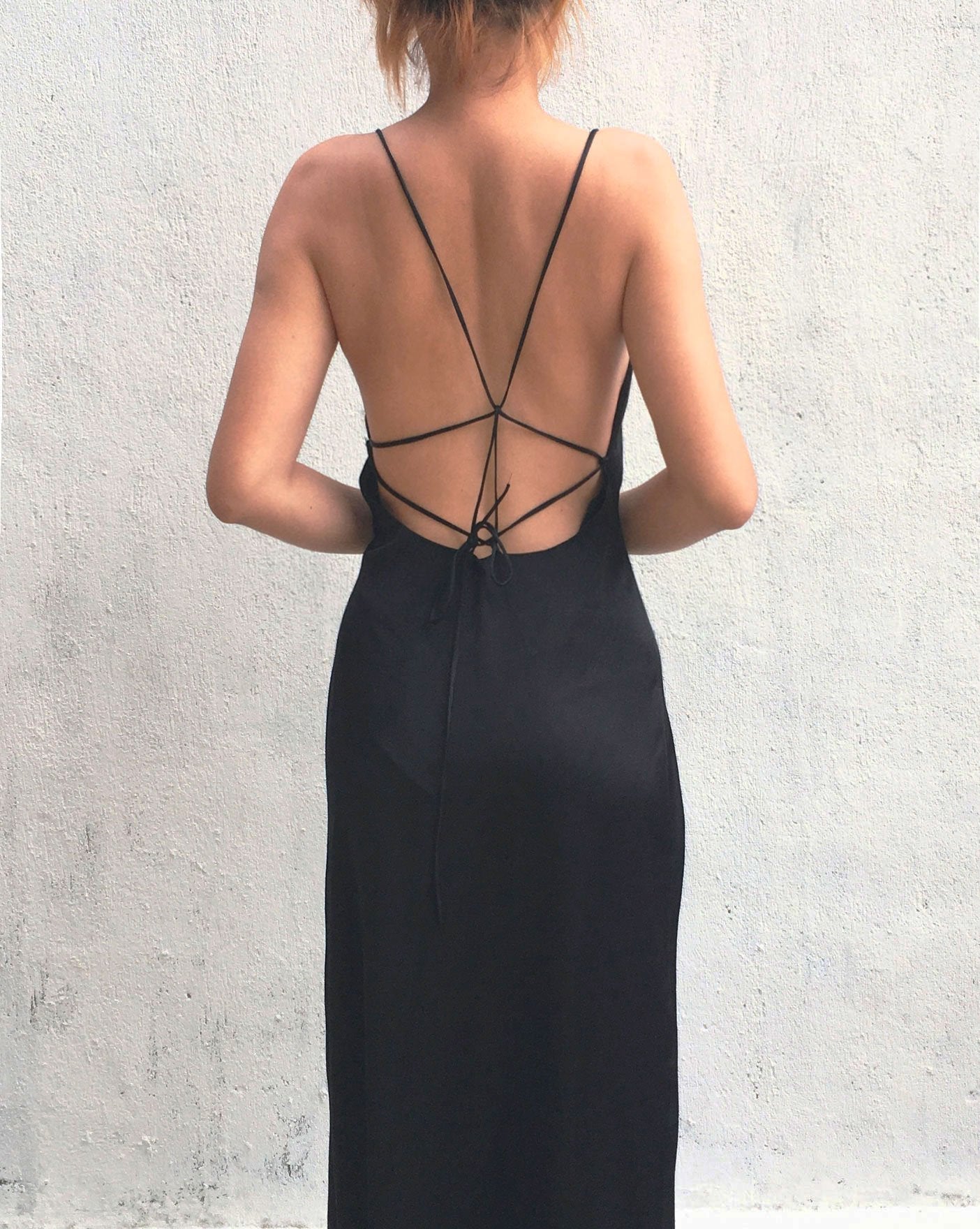 Black Cowl Neck Backless Mulberry Silk Slip Dress