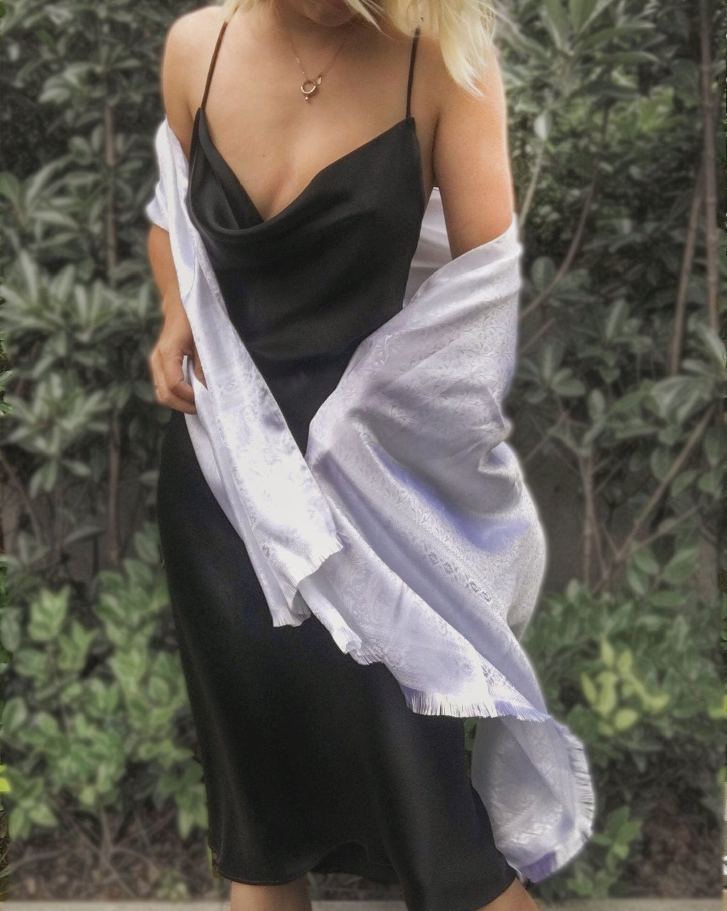Black Crossback Organic Satin Silk Cowl Neck Slip Dress