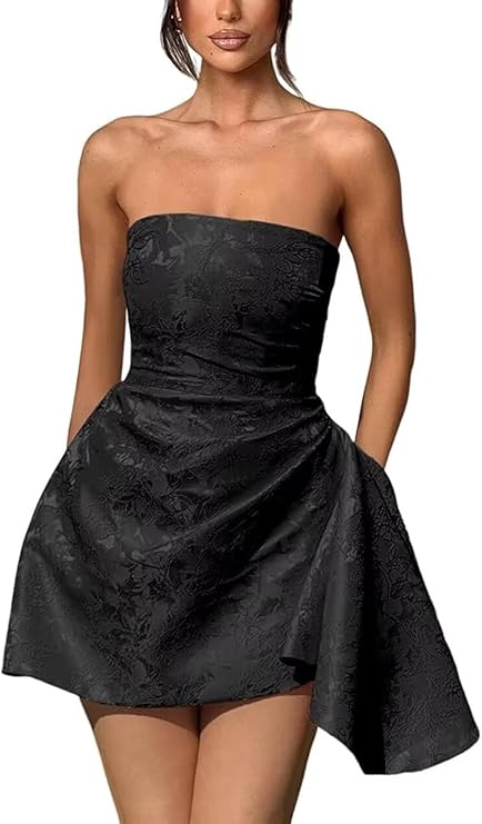 A-Linie, trägerlos, ärmellos, kurzes Heimkehrkleid, Jacquard-Satin, asymmetrisch, Partykleider mit Schnürung