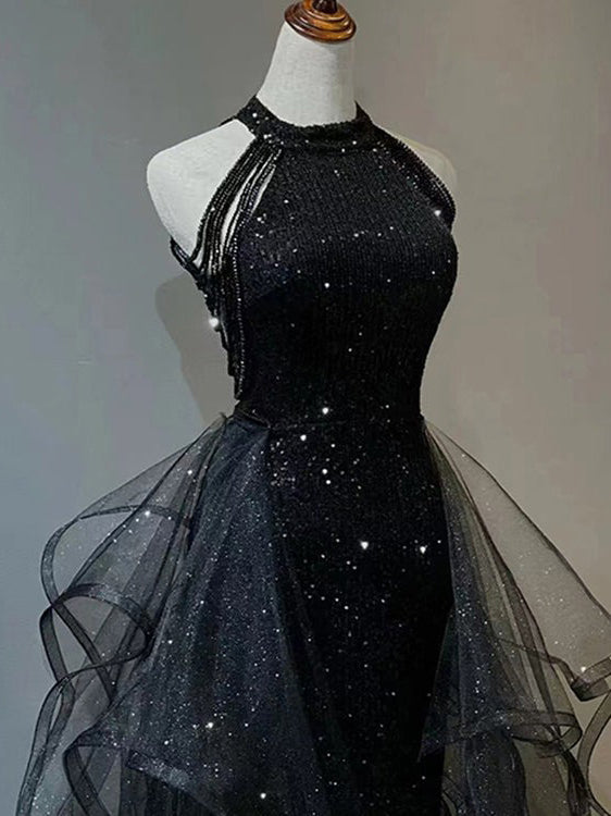 Vestidos de fiesta formales de tul con lentejuelas y cuello halter de sirena negros
