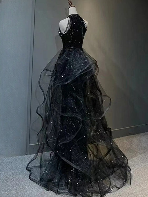 Vestidos de fiesta formales de tul con lentejuelas y cuello halter de sirena negros