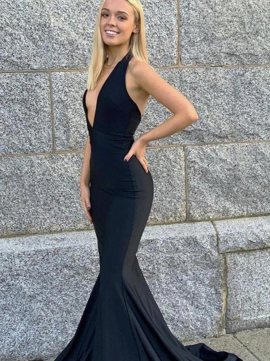 Schwarzes langes Meerjungfrau-Kleid mit V-Ausschnitt und rückenfreiem Satin