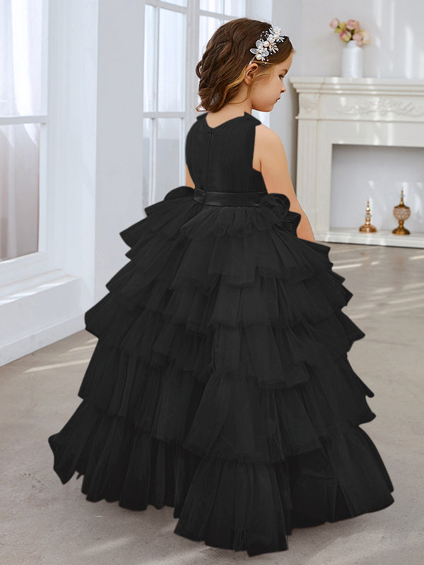 Vestido de fiesta/princesa rosa perla sin mangas con lazo de tul para niña de las flores