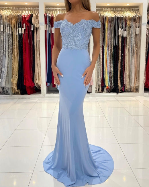 Vestidos de fiesta largos de sirena con hombros descubiertos y encaje en azul