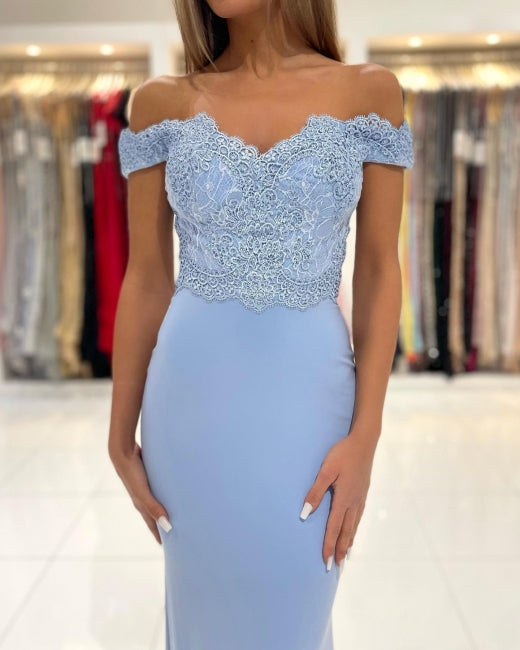 Vestidos de fiesta largos de sirena con hombros descubiertos y encaje en azul