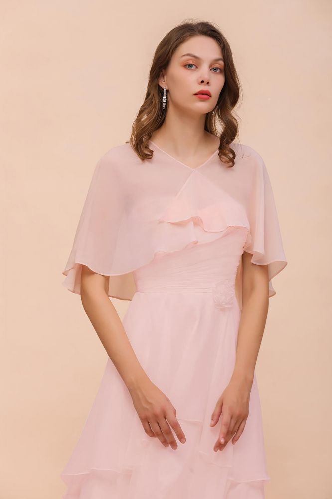 Vestido de dama de honor rosa ruborizado hasta la rodilla, sencillo, de gasa, para fiesta de niñas con capas