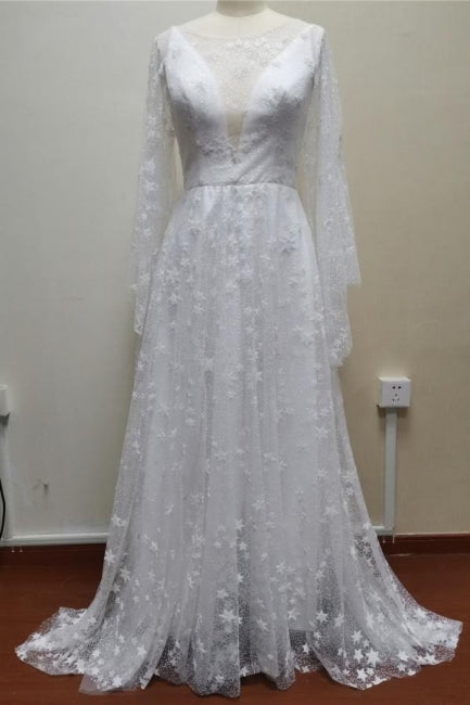Vestidos de novia bohemios de corte A con mangas largas y espalda descubierta con encaje