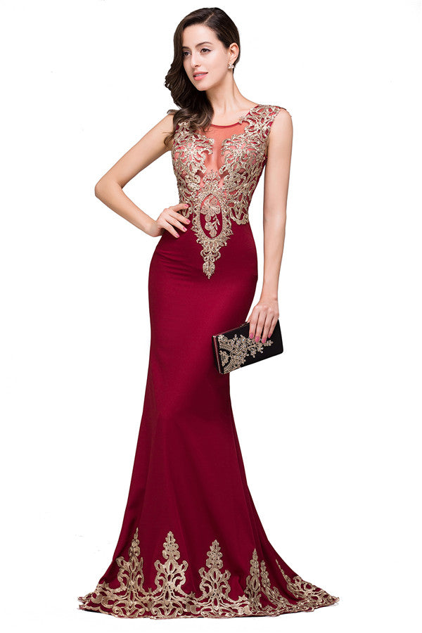 Vestidos formales de sirena con corte acampanado y cuello redondo en color burdeos