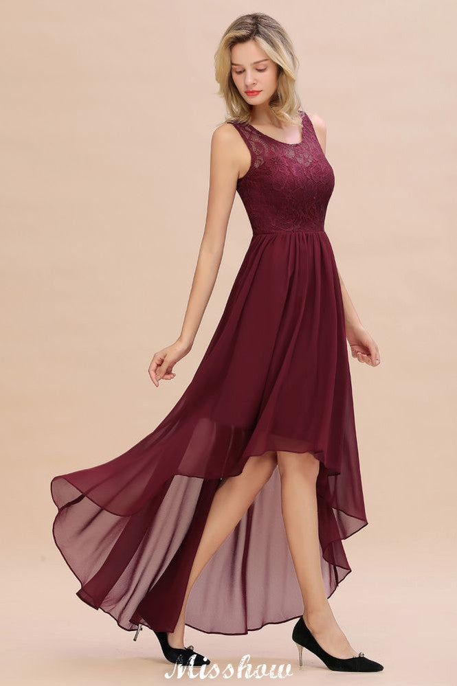 Vestido de fiesta de noche burdeos de corte alto y bajo, sin mangas, de encaje, para dama de honor