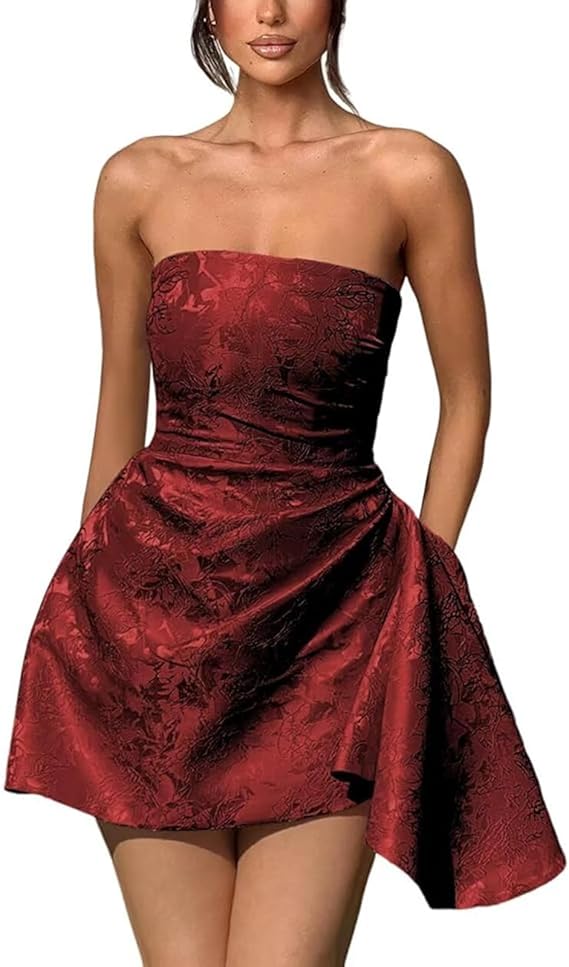 A-Linie, trägerlos, ärmellos, kurzes Heimkehrkleid, Jacquard-Satin, asymmetrisch, Partykleider mit Schnürung