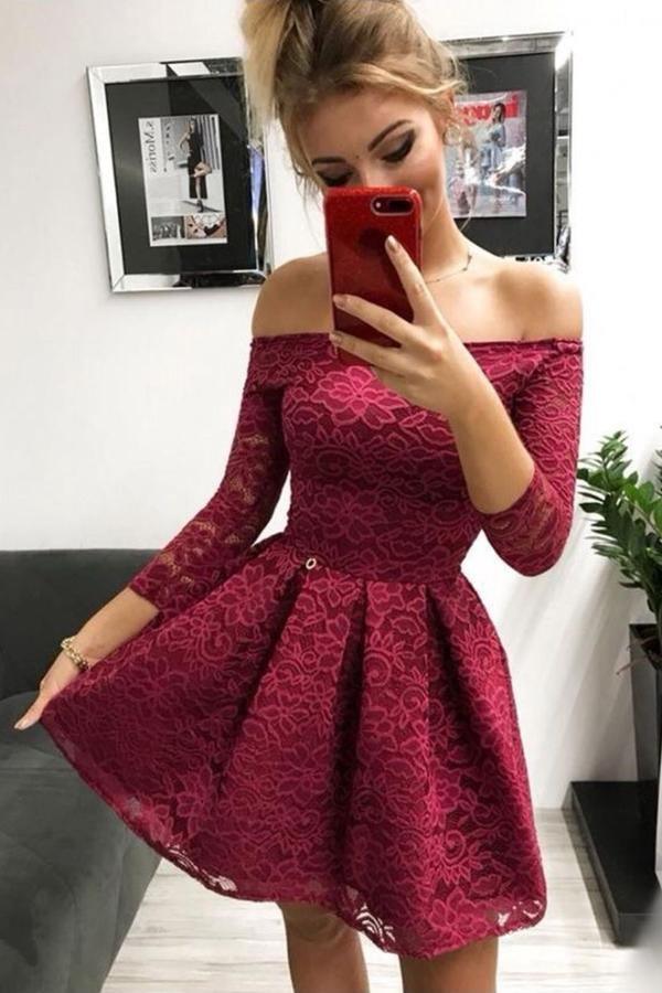 Vestidos de fiesta de bienvenida con encaje burdeos, hombros descubiertos y mangas largas PD338