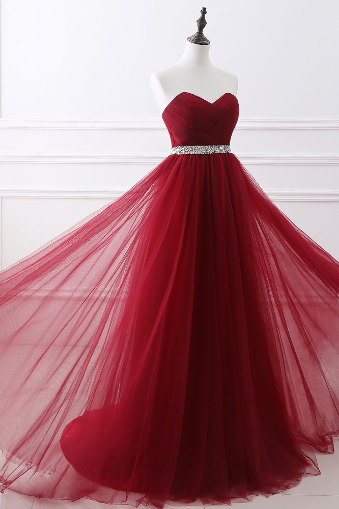 Vestido de fiesta de tul burdeos con escote en forma de A y escote en forma de corazón