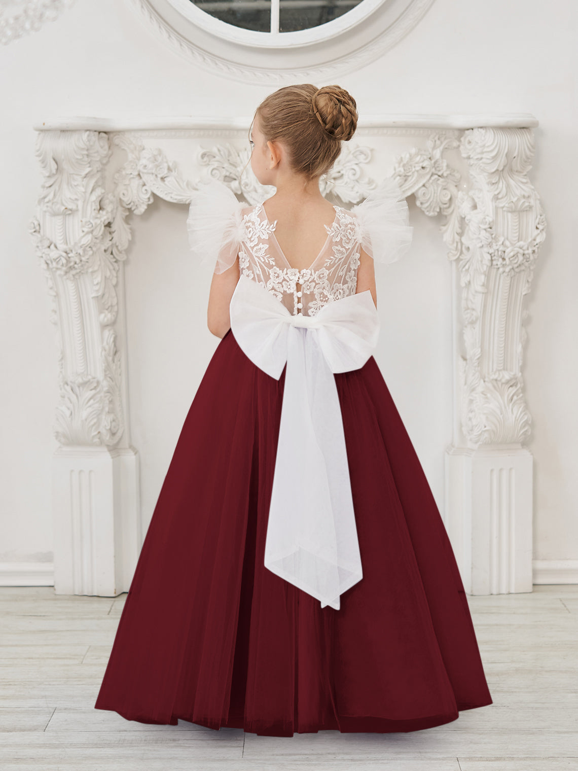 Detachable Lace Tulle Sweep Train Flower Girl Dress