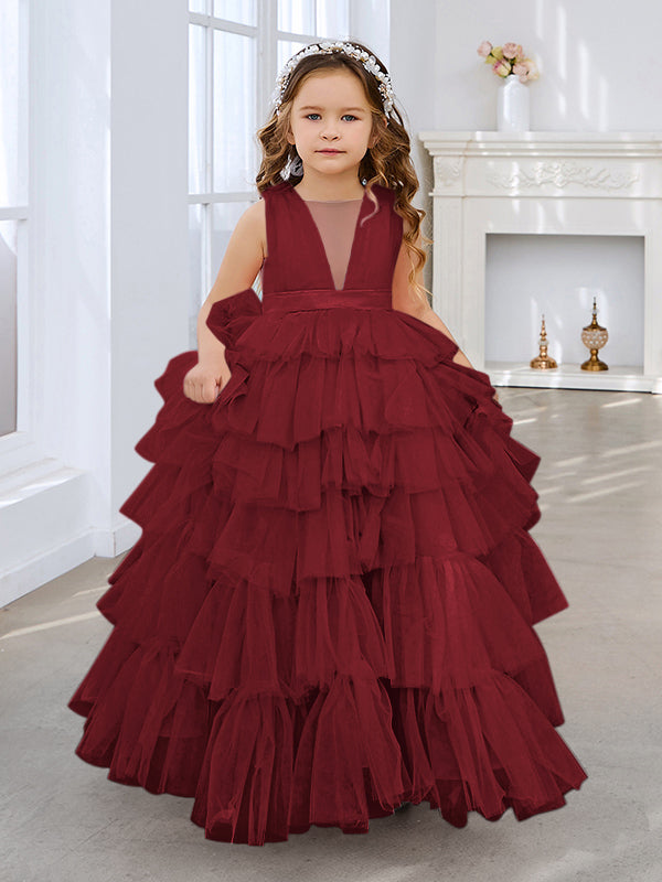 Vestido de fiesta/princesa rosa perla sin mangas con lazo de tul para niña de las flores