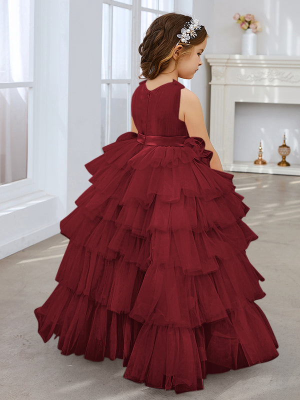 Vestido de fiesta/princesa rosa perla sin mangas con lazo de tul para niña de las flores
